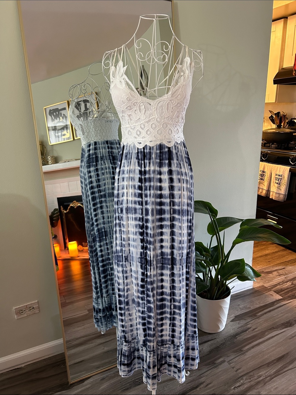 White Crochet Bodice Navy Tie-Dye Maxi Dress